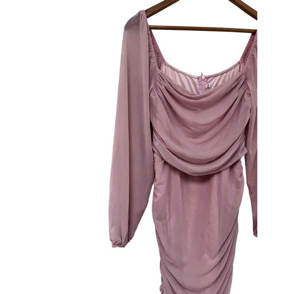 Womens Light Pink Ruched Long Sleeve Midi Dress With Draped Neckline Size Large - Picture 4 of 8
